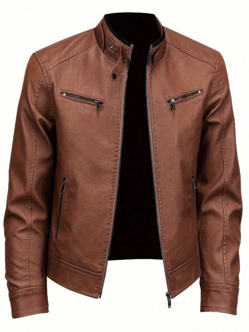 Khaki Casual Men's Loose Fit Zip-Up Motorcycle Jacket